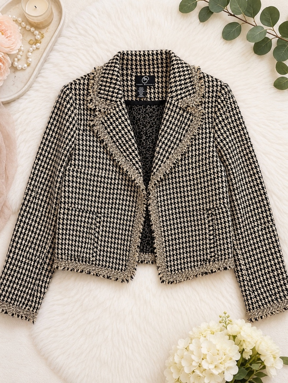 True Meaning Houndstooth Tweed Blazer Black Cream 12 Classic
